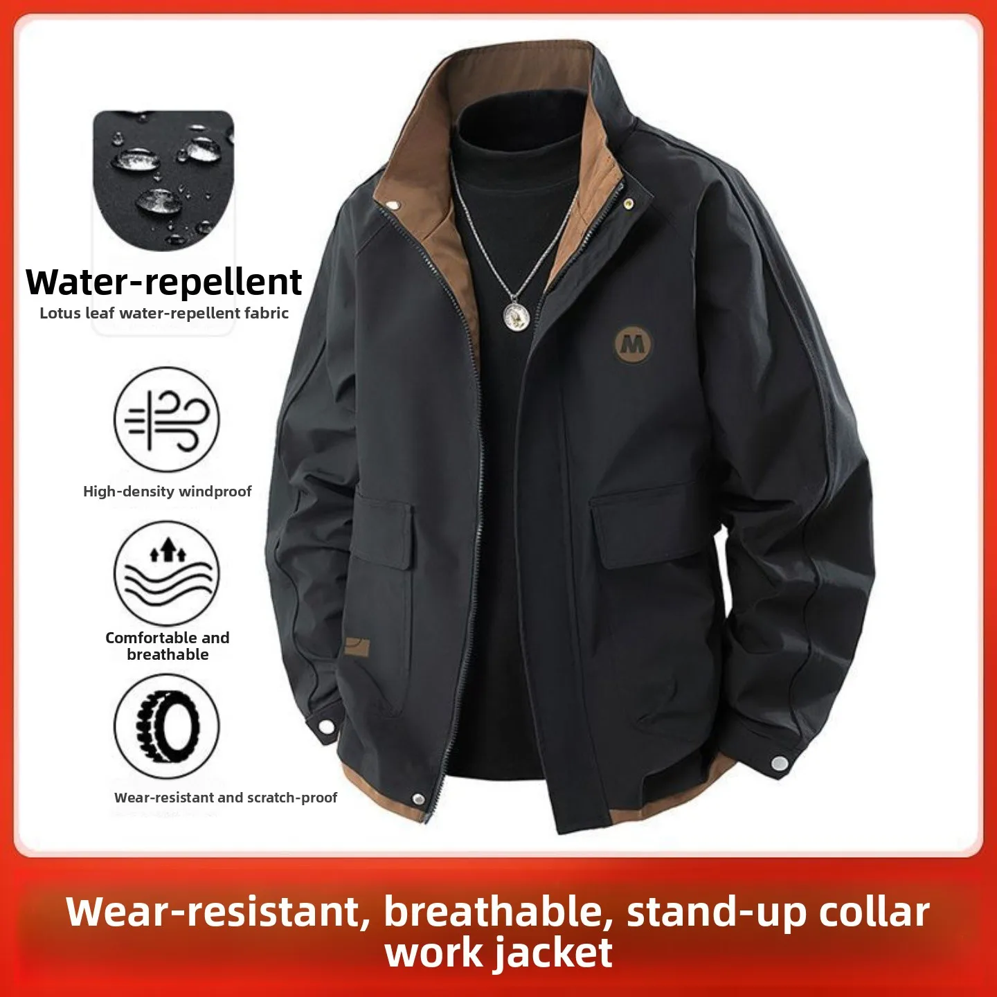 

Waterproof Casual Loose Men's Jaet Stand Collar Tee-in-One Windbreaker Cotton Workwear Coat Youth Daily Wear