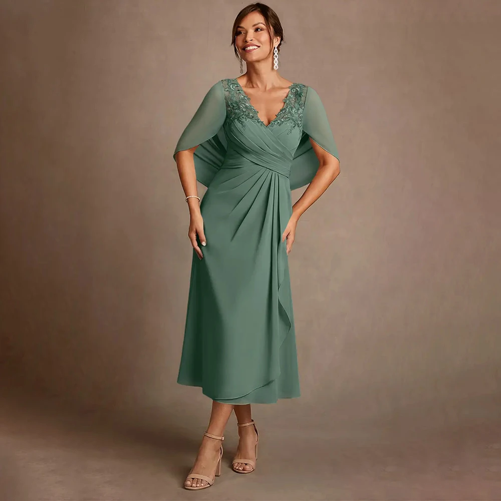 

Elegant V Neck Mother of Bride Dresses A-Line Appliques Pleated Mother of The Bride Dress Evening Gowns Bride Mother Gowns