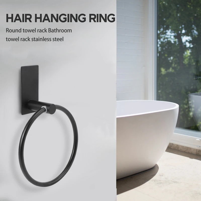 Towel Ring/Hand Towel Holder - Self Adhesive Round Towel Rack Black Hand Towel Bar For Bathroom, Stainless Steel