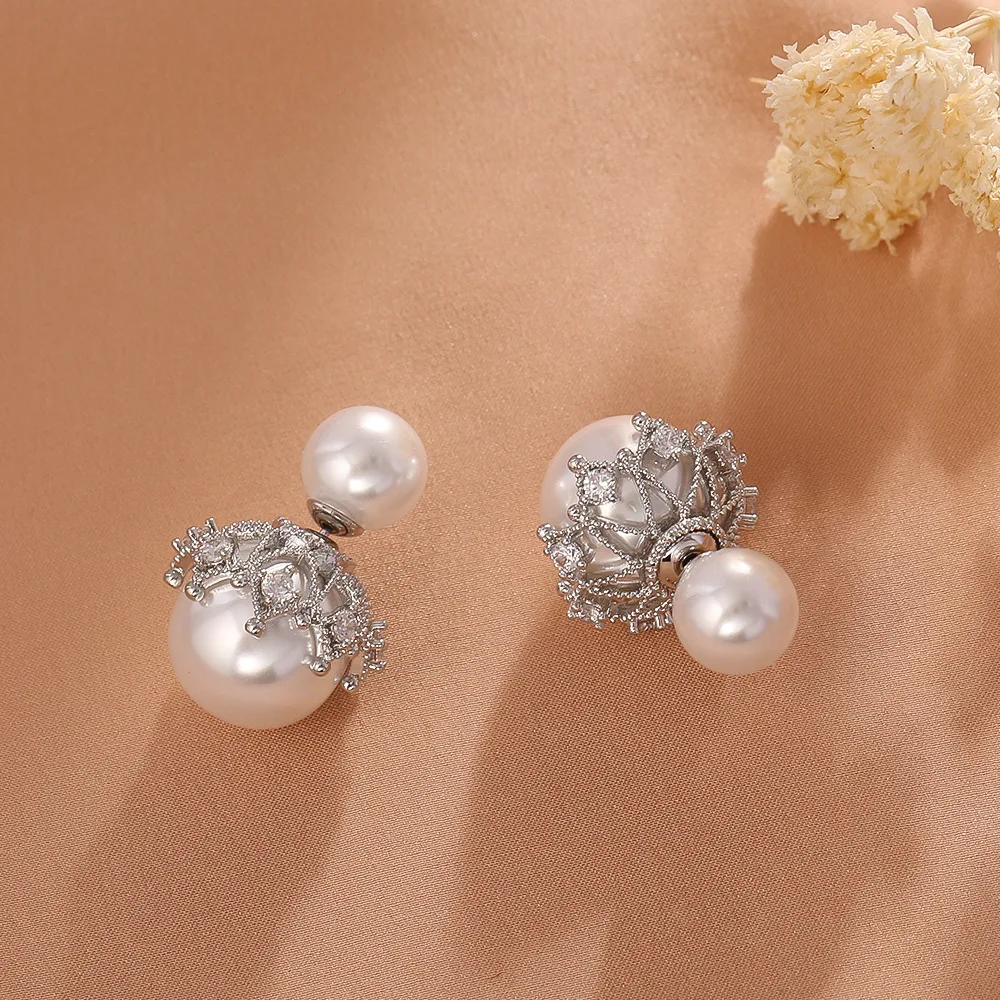 Fashionable, high-end, light and luxurious front and rear wear micro-paved zircon earrings, elegant silver needle earrings