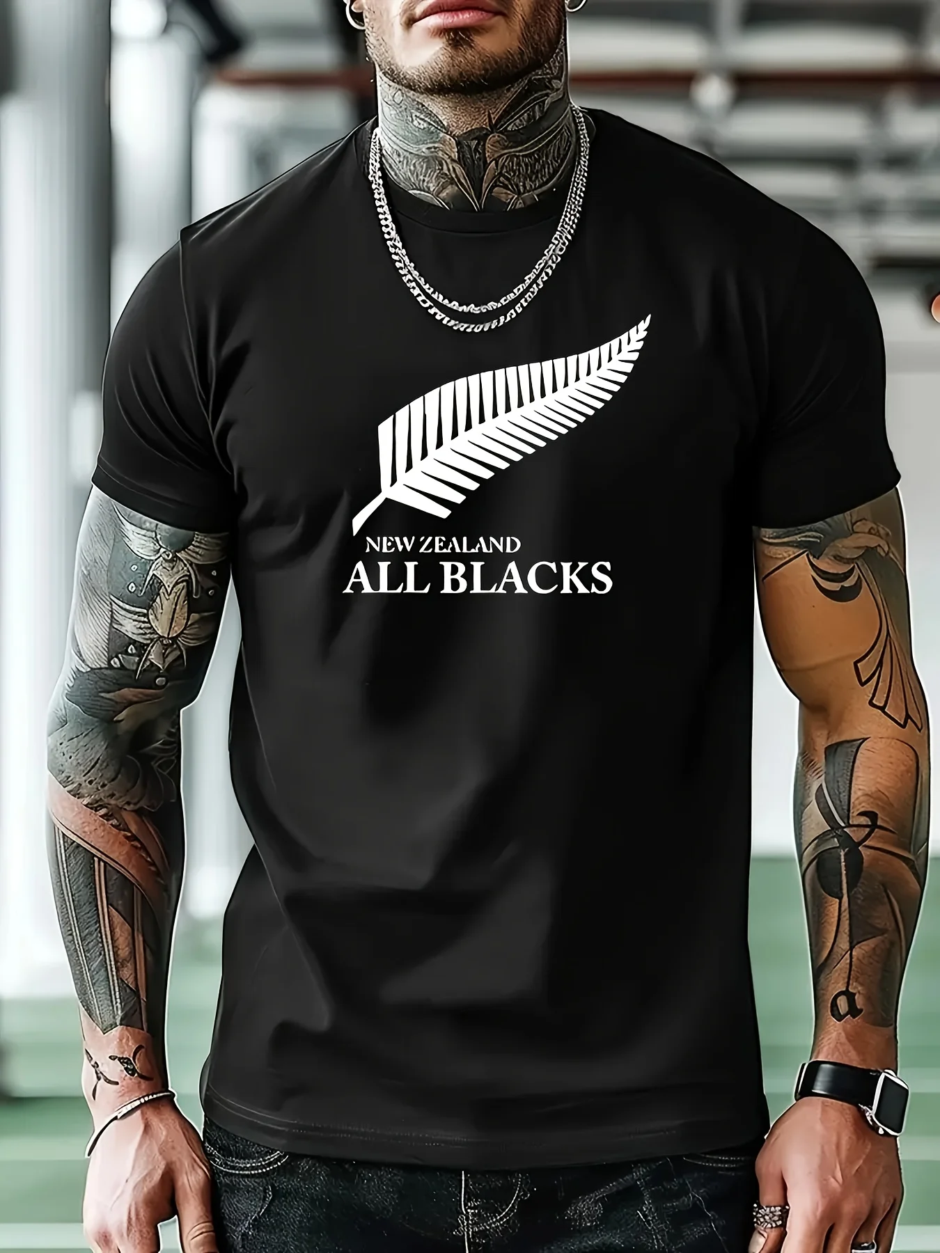 

Men'S Casual Crew Neck T-Shirt with Geometric Feather Design - 100% Polyester Knit Fabric, Slight Stretch, H Fit