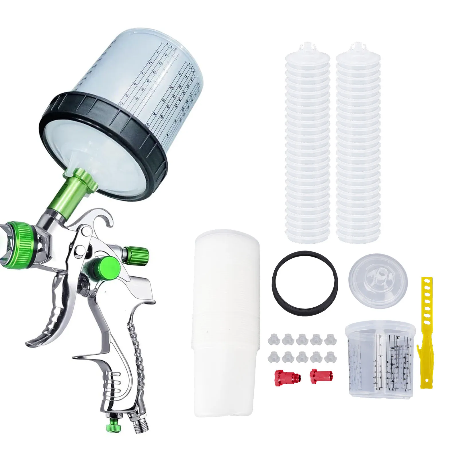 Spray Gun Cup Liners and Lid System Disposable 50pcs 20.3oz Liners 50pcs Lids 1 Hard Cup 1 Fixing Ring 10 Plugs 1 Mixing Rod