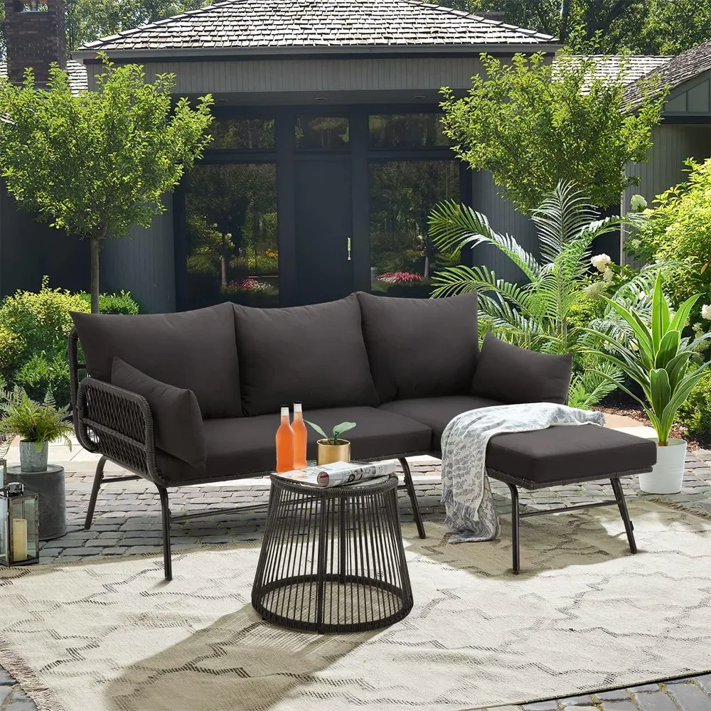 3 Piece Patio Conversation Sets, Sectional Furniture Sofa Set with Thick Cushions and Toughened Glass Coffee Table for Backyard