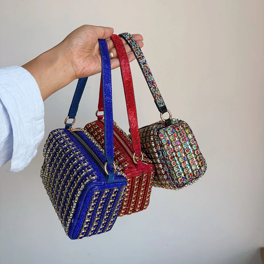 Luxurious Design Full Rhinestone Handbag European and American Fashion Elegant Women's Shining Pillow Party Club Banquet Bags
