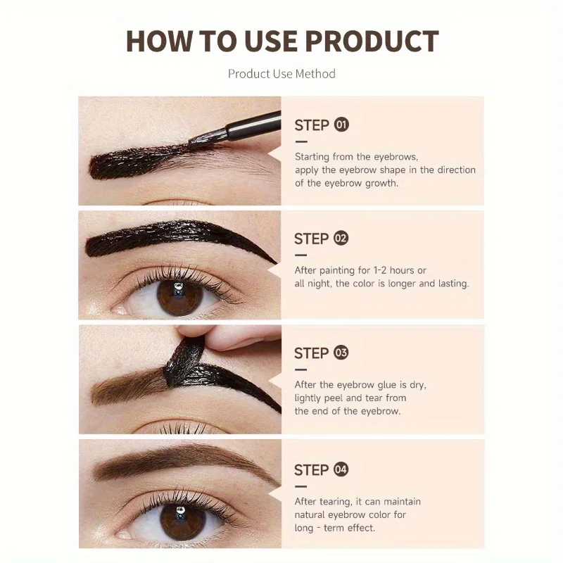 Peel-Off Eyebrow Tattoo Gel Semi-Permanent Anti-Smudge Brow Tint Cream Eye Makeup Easy Application, Natural Look - Black/Brown