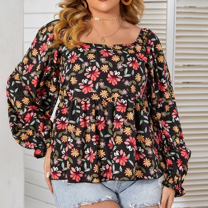 Plus Size Floral Printed Square Neck Summer Spring Elegant Peplum Blouse Women Lantern Sleeve Casual Boho Blouse Large Size 7XL