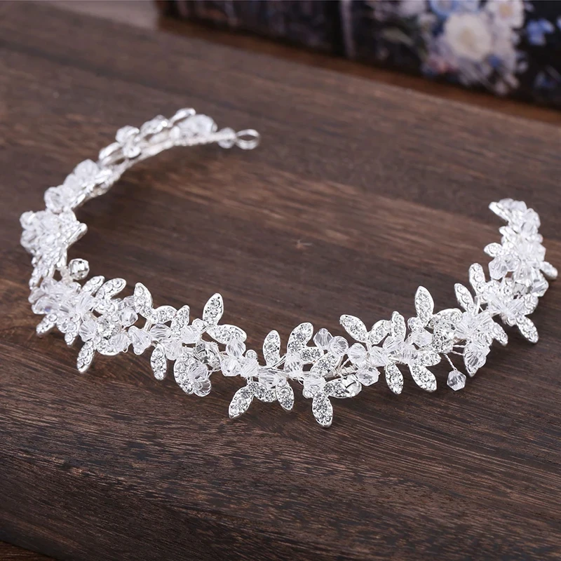 Hot Sale Ladies Silver Color Crystal Bridal Wedding Tiara Accessories Flower Pearl Crystal Chain Headband Hair Clip Comb Jewelry