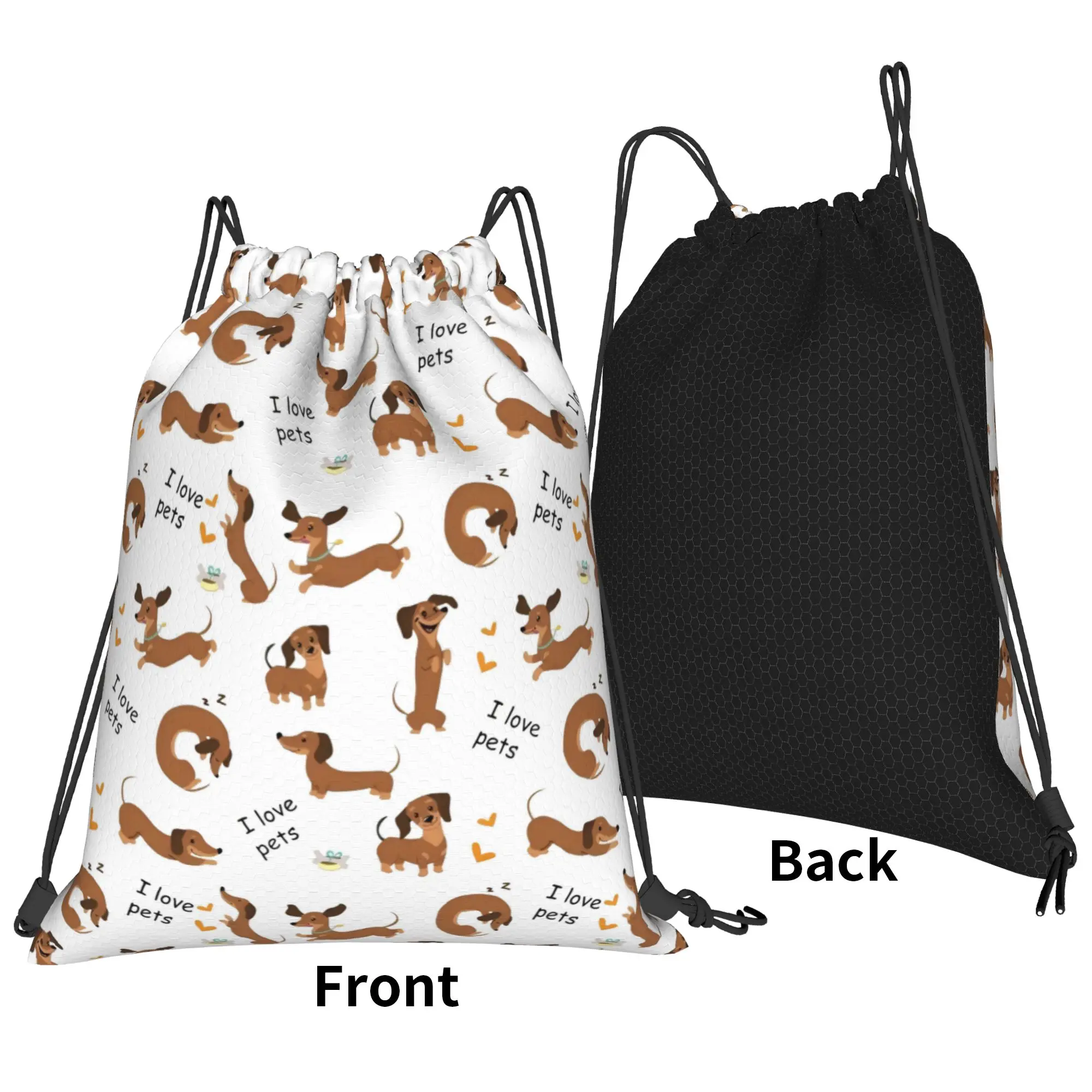 Dachshund I Love Pets Drawstring Backpack Sports Sackpack Water Resistant Dogs Animal String Bag for Hiking 36cm (W) x 43cm (H)