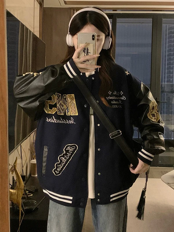 

Женская свободная куртка-бомбер больших размеров (300 Pou Fat MM) в американском стиле с вышивкой, осенне-зимняя, для студентов