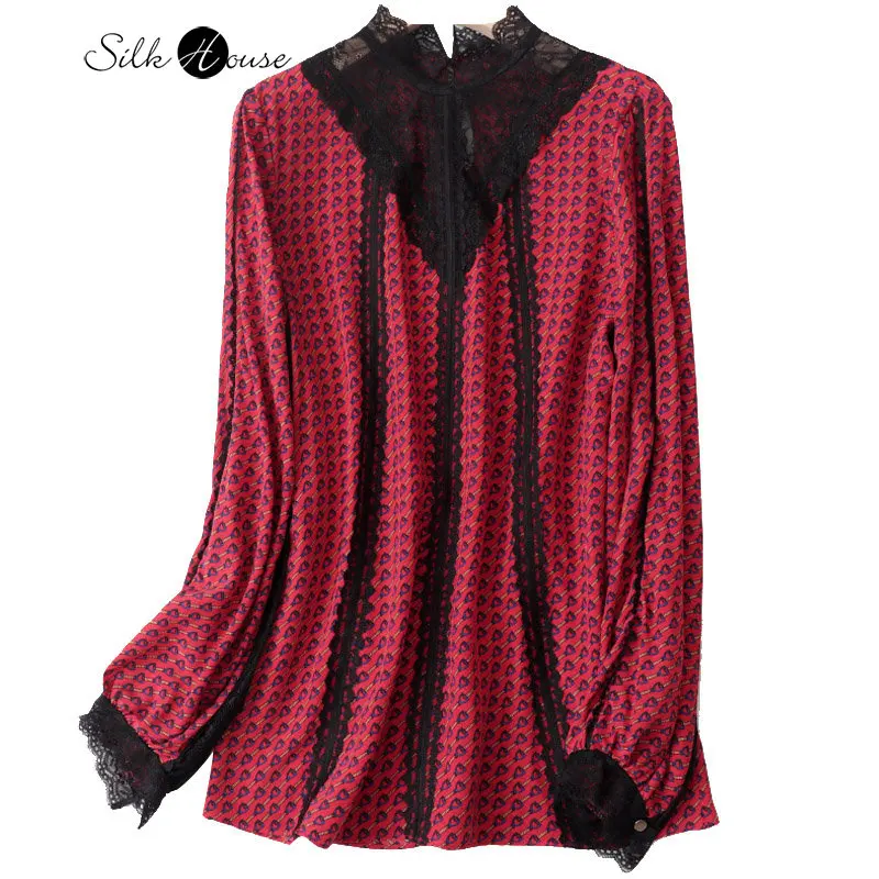 Stand-neck Silk Long-sleeved Shirt Women's Design Sense Minority Fashion Print Top Mulberry Silk Lace Shirt Spring Style