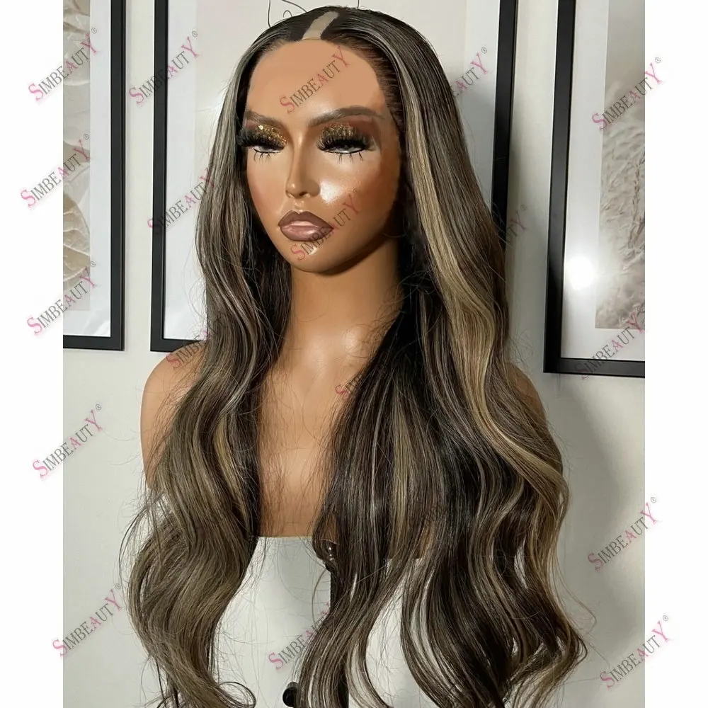 Body Wave 100% Remy Indian Human Hair 1x4 U Shaped Wigs Adjustable Brown Hightlight Blonde 28Inches Middle V Part Wig Human Hair