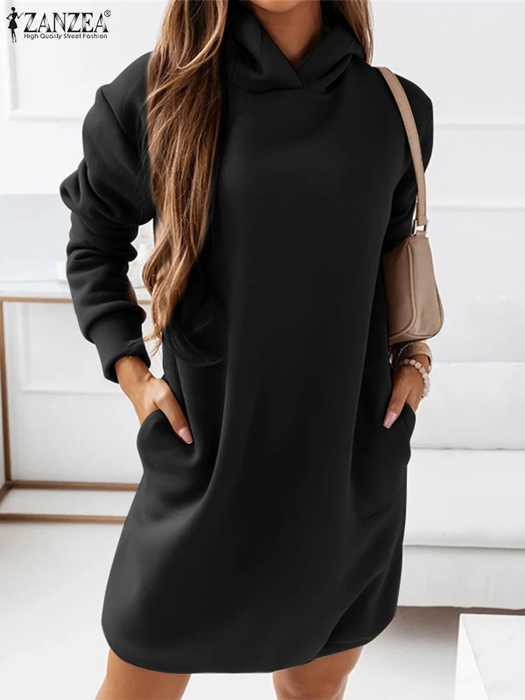 ZANZEA 2024 Autumn Fashion Hoodie Sweatshirt Dress Women Long Sleeve Pullover Mini Dresses Casual Loose Pocket Hooded Vestidos