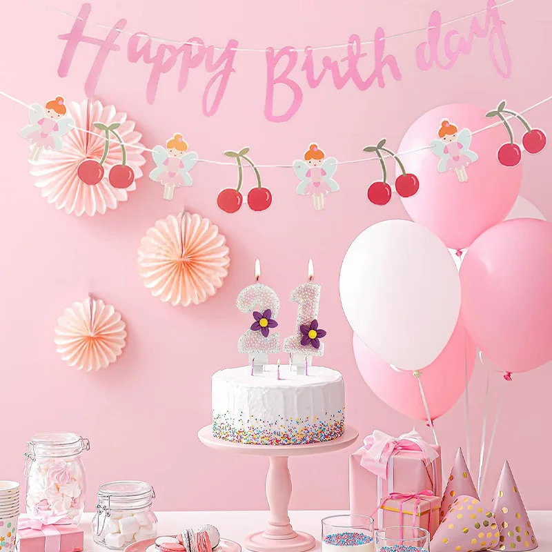 女の子のための誕生日おめでとうバナー,ピンク,チェリー,黄色,蜂,白,デイジー,1個