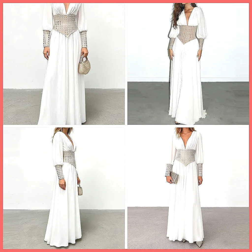

Elegant V-Neck Rhinestone Evening Dress, High Waist Slim Banquet Gown with Long Sleeves & Ruffles