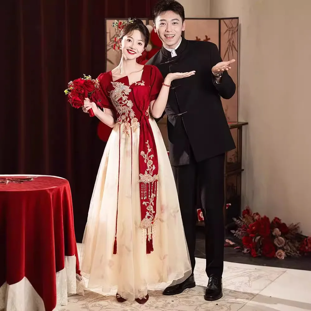 

New Chinese Long Sleeve Qipao Toast Dress for Brides 2025 New Red Engagement Set Long Sleeve Dress