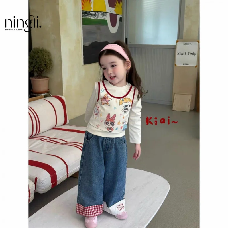 

Children's Clothing25Autumn New Style Girls' Cartoon Graffiti Fake Two-PieceTPlaid Straight-Leg Jeans