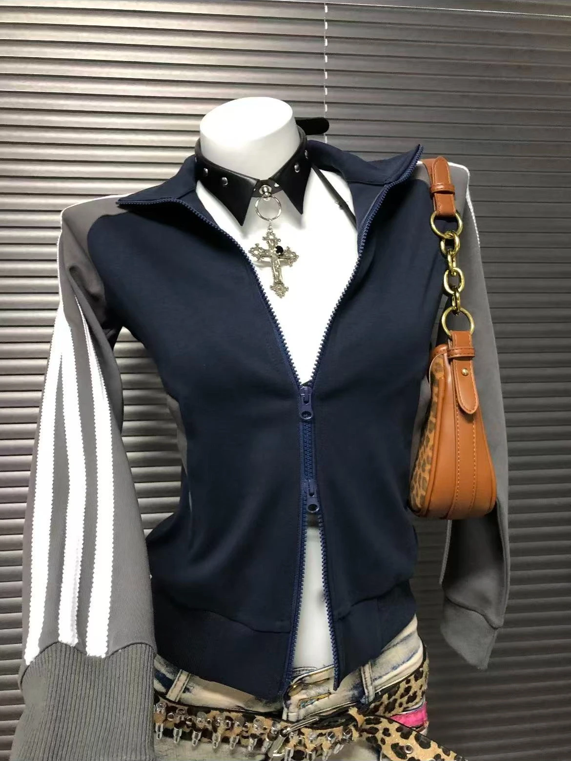 Vintage Color Block Baseball Jacket Zip Up  Waist Cropped American Retro Design Niche Long Sleeve Open Coat for women