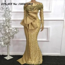 EVLAST Aso Ebi Gold Mermaid Evening Dress Long Sleeves Lace Appliques Ruffled Bow Nigeria Arabic Formal Dress Prom Dress P167