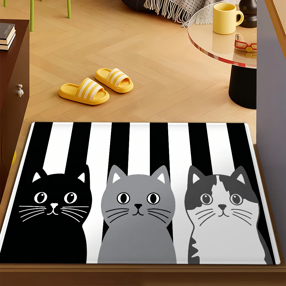 Cat Line Cat Art Black Door Mat Bath Microfiber Decorative Versatile Flannel Floor Mat Quick Dry Absorbent Non-slip Sole