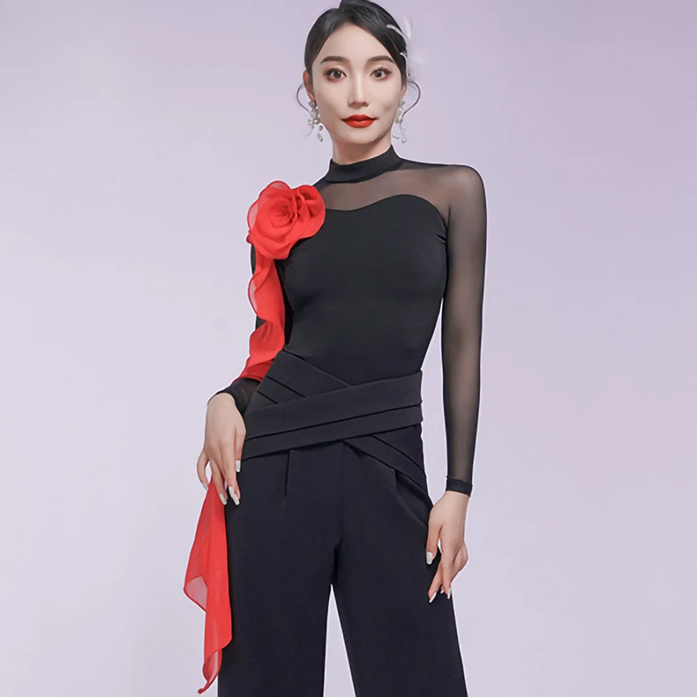 

Топ с рюшами для латинских танцев, трехмерный цветочный топ с высоким воротником, женский топ с длинными рукавами, элегантный индиго для танцев, черный новый топ для самбы