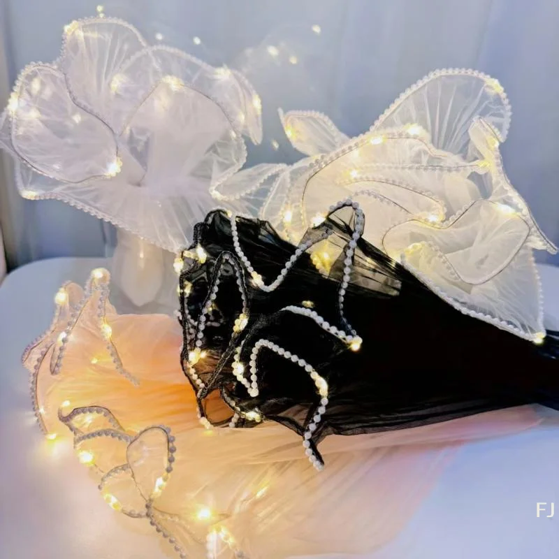 [YU]1Pcs Pearl Lace Mesh Wave Yarn Florist Bouquet Packaging Decor LED Flower Wrapping Paper With Lights Wedding Birthday Gifts