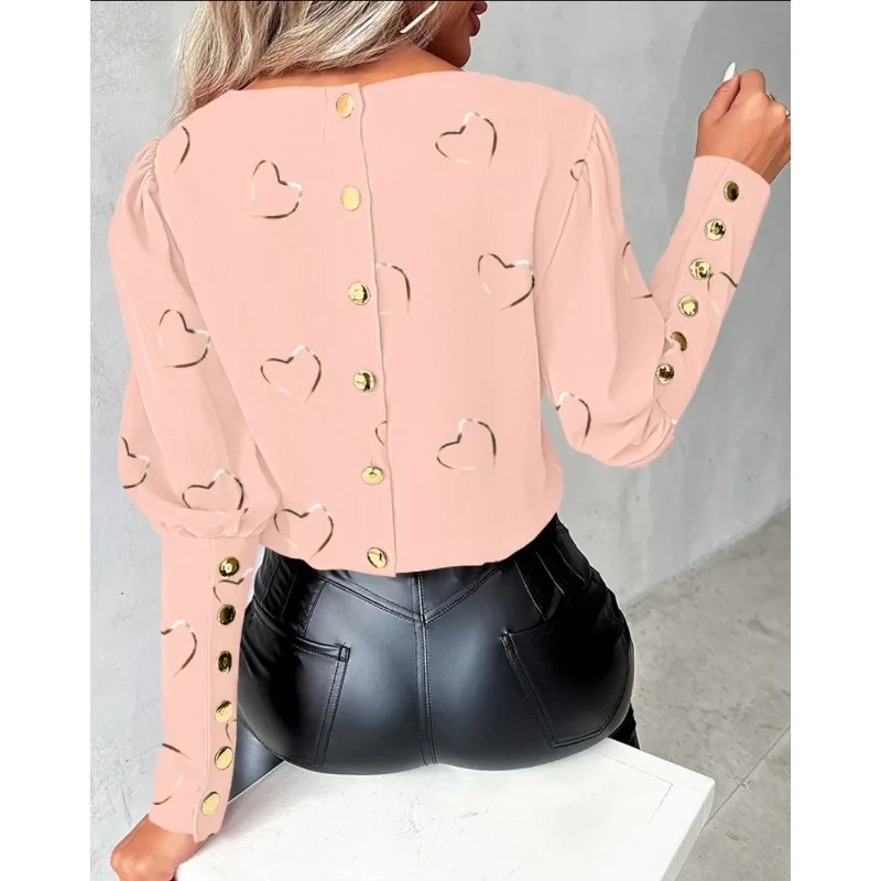 Autumn Women\'s Commuter T-shirt Fashion Solid Color Heart Print T-shirt Long Sleeved Round Neck Decorative Button T-shirt