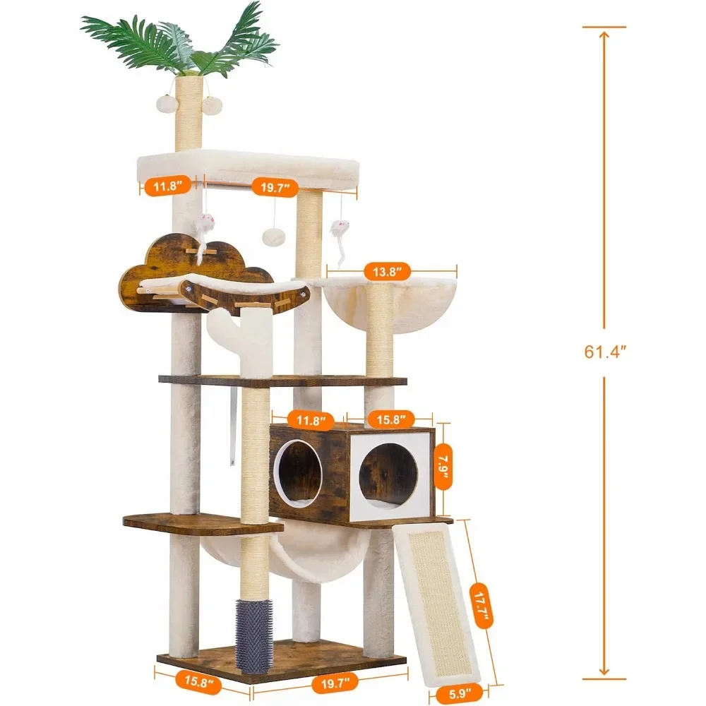 61.4in Wood Cat Tree,Cat Condo for Large Cats with Self Groomer,Modern Cat Scratching Tower with Basket,Dangling Ball and leaves