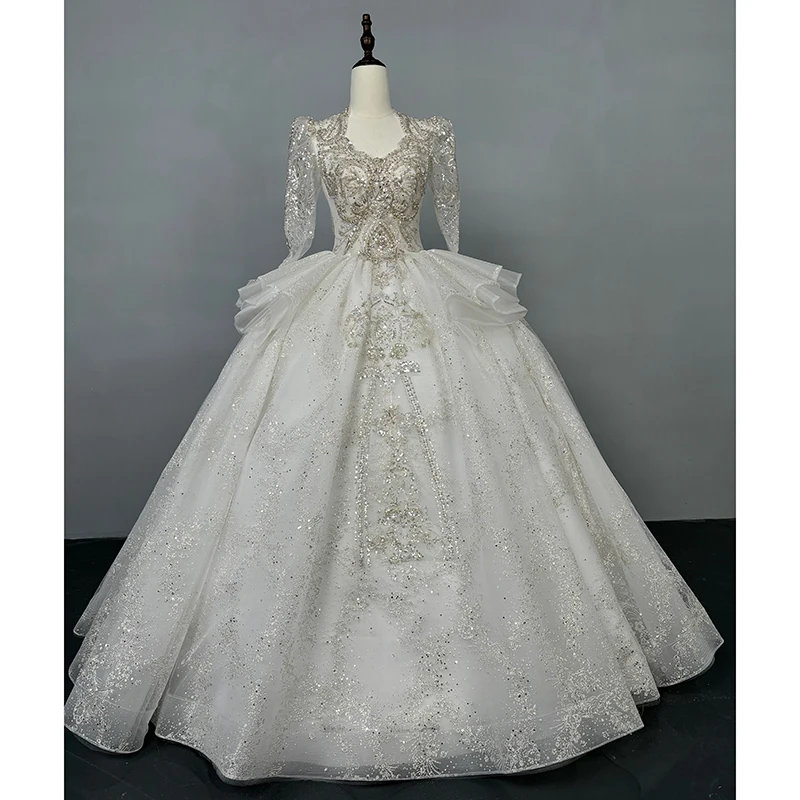 Long Sleeved Wedding Dress 2023 New Bride High End Heavy Industry Luxury Trail Ball Gown Formal Dress Plus Size