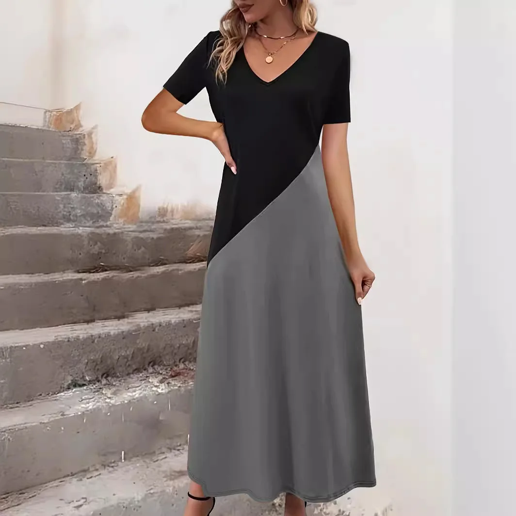 Damen S-2XL Größe Damen Frühling/Sommer neue elegante Farbkontrast Spleißen V-Ausschnitt Kurzarm langes Kleid