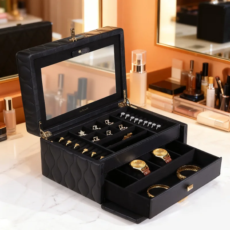 

Кожаная шкатулка для украшений большой вместимости, органайзер для колец, серег, часов и браслетов, настольный органайзер для женских украшений