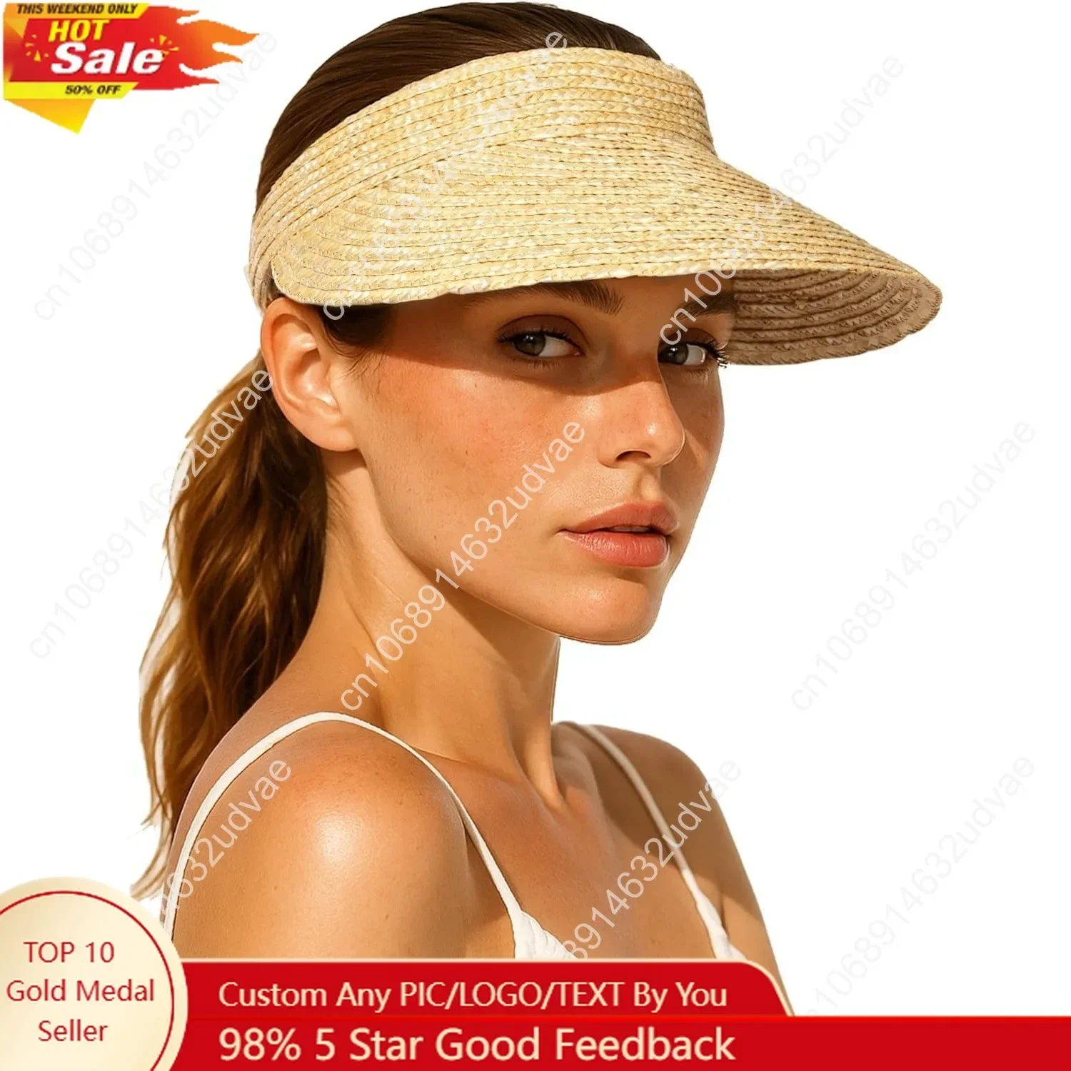 

Womens Straw Sun Visor Hats Wide Brim UV Protection Summer Beach Hat Roll Up Ponytail Travel Sun Hat