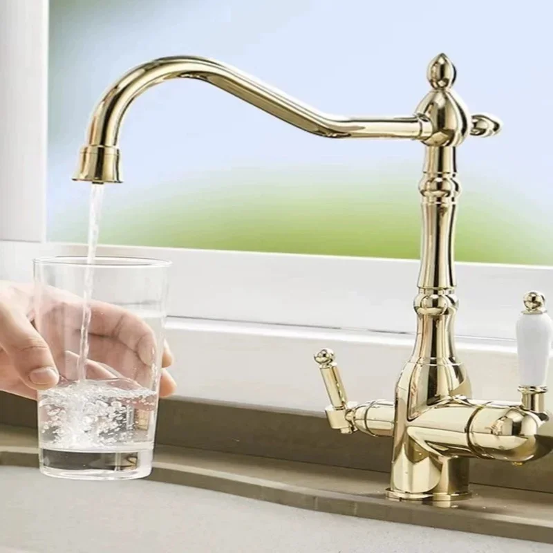 Gold/Silver/Brass Kitchen Faucet 360° Rotation Deck Mounted Tap Dual Outlet Water Modes Hot and Cold Mixer