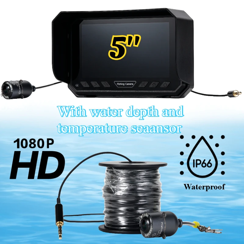 Telecamera da pesca subacquea da 5" HD 1080P - Indicatore di profondità/temperatura in tempo reale, IP66 impermeabile, batteria da 8000 mAh per la pesca su ghiaccio/lago