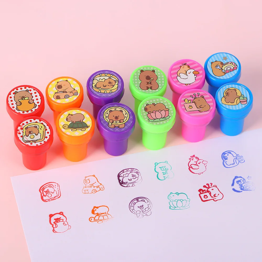 12Pcs Cartoon Animal Capybara Theme Party Self-ink Stamps Toy for Kids Birthday Party Favors School Rewards Gift Pinata Fillers