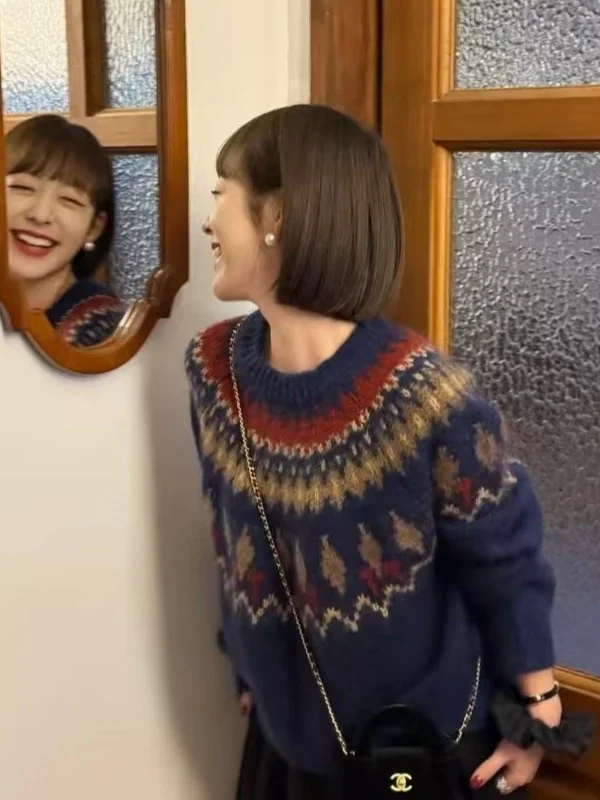 

Retro Chic Knitted Flower Pattern Loose Lazy Sweater Women's round Ne Warm Outerwear Top Long Sve Autumn Spring Faion