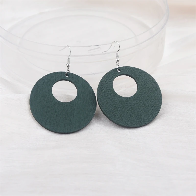 New Wooden Round Pendants Women\'s Dangle Earrings Rose Green Black Geometric Statement Female Hanging Earrings 2025 new in