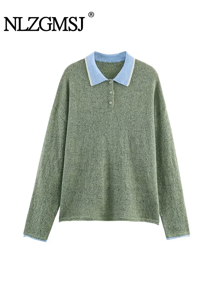 

NLZGMSJ вязаные женские свободные свитера, осень 2021, пуловеры больших размеров с длинными рукавами и воротником-поло, женский повседневный топ Y2K