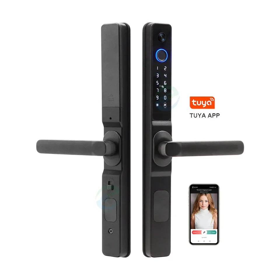 Intelligent Digital Viewer Tuya APP WiFi Door Lock Aluminum Sliding Security Fingerprint Handle Smart Lock with Camera