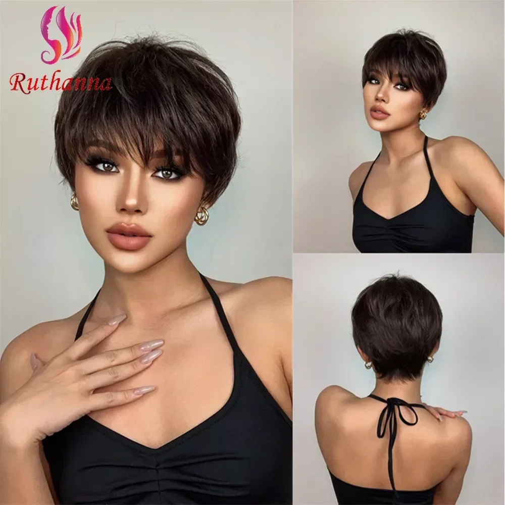 Wig sintetis keriting pendek berbulu coklat tua dengan poni rambut pendek untuk wanita Wig rambut alami harian Wig Cosplay untuk pesta sehari-hari