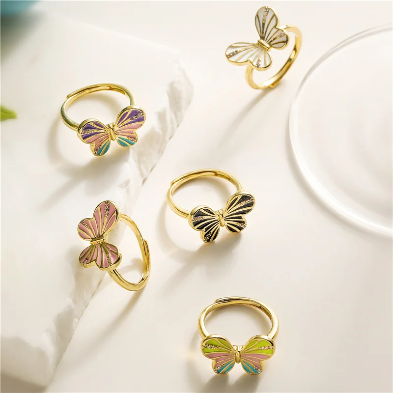 HECHENG Enamel Butterfly Insect Brass Material 18K Gold-plated Women's Ring Inlaid With Zircon Couple Anniversary Gift