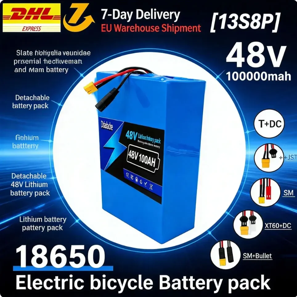 48V 100Ah 13S8P 18650 Lithium-Batteriepack mit eingebautem BMS für 250-1500W E-Bike Elektroroller, große Kapazität mit 54,6V 2A Schnellladegerät