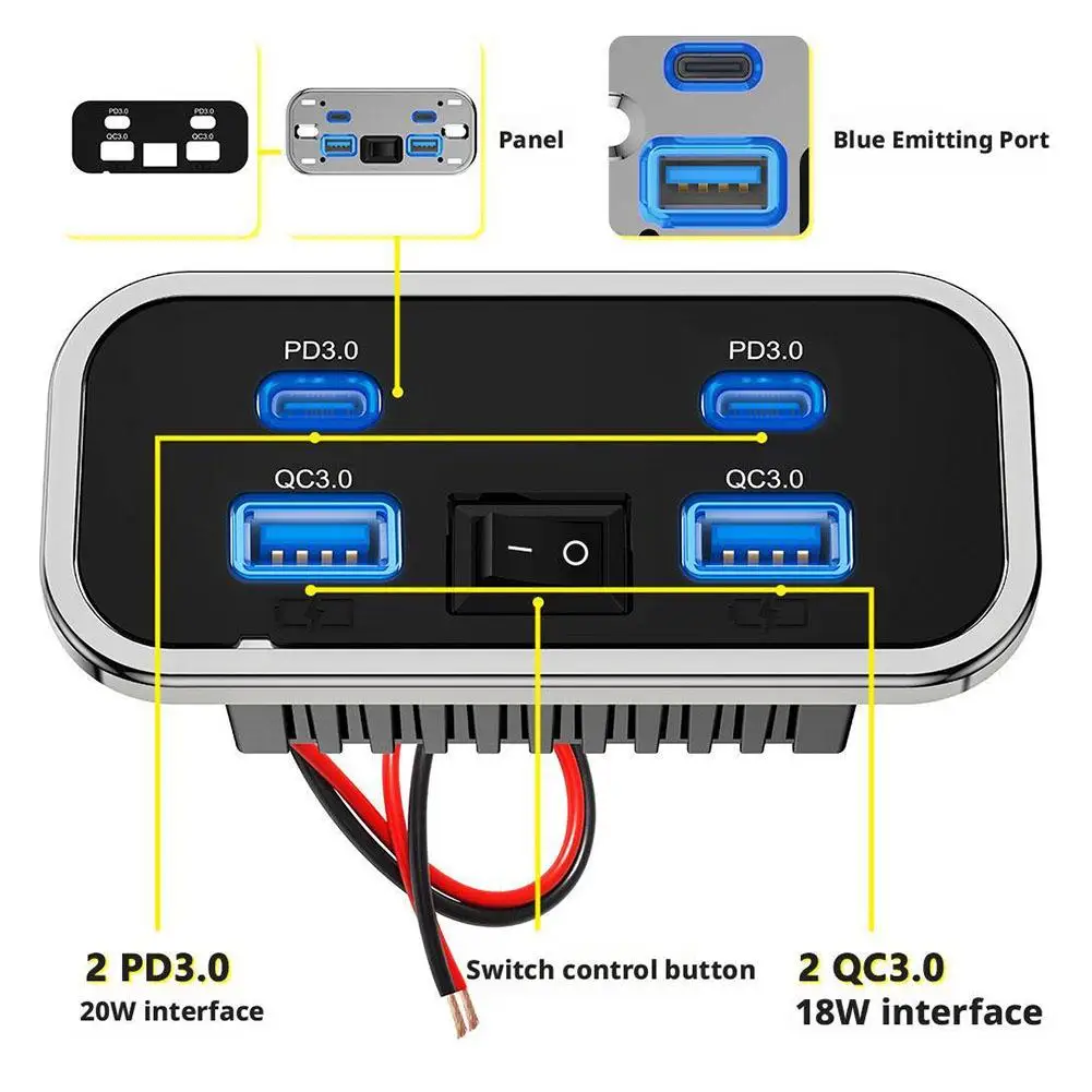 RV شاحن سيارة العربة المزدوج USB Type-C 4 منافذ تهمة المقبس ل RV متنقل التخييم حافلة البحرية 24 فولت شاحن الملحقات