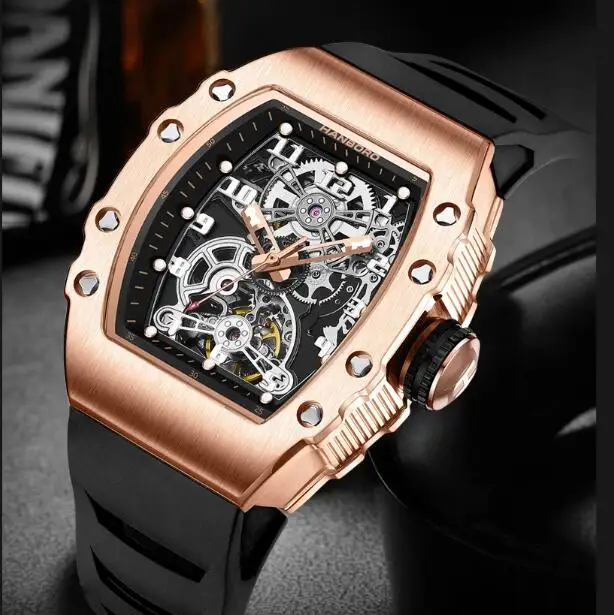 هانبورو ساعة أوتوماتيكية للرجال 50 مللي متر تونيو ساعة يد ميكانيكية مضيئة 50 متر مقاوم للماء سيليكون حزام الهيكل العظمي الهاتفي