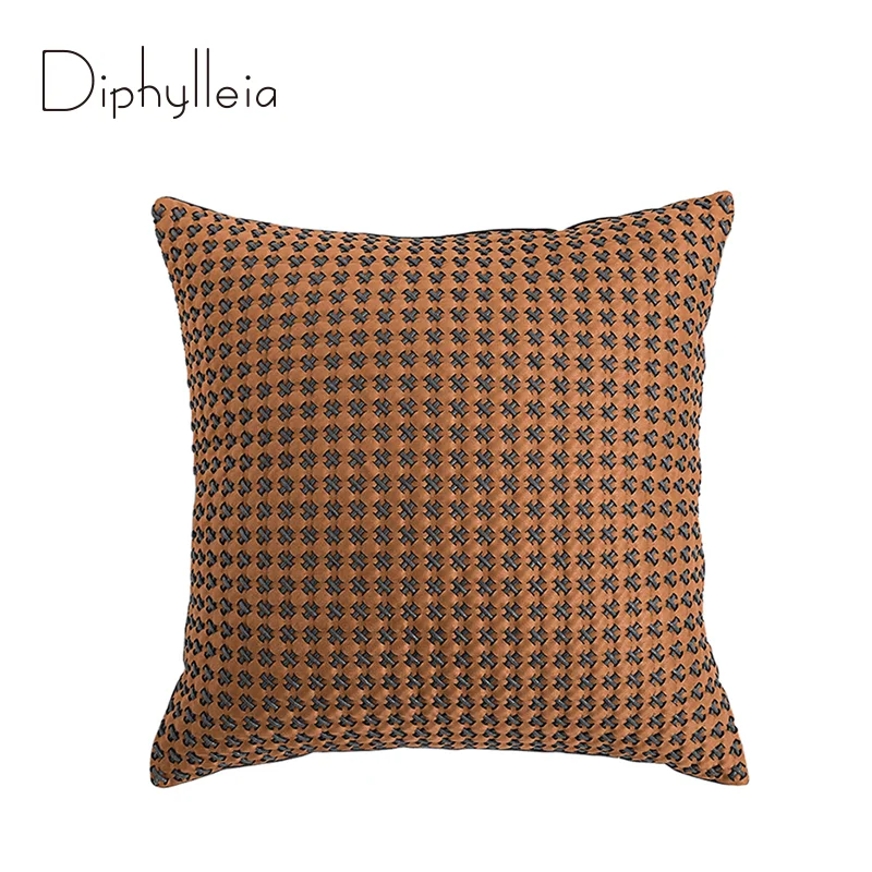 Diphylleia H Style Orange Gray Premium Faux Leather Hand Woven Throw Cushion Pillow Cover Modern Luxury Pillowcase For Couch Bed