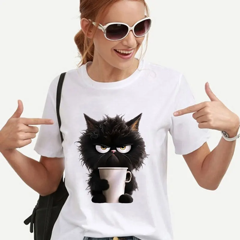 

Black Cat Love Coffee T Shirt Women Street Stylish Unisex Clothing Short Sleeve Tees Cat Lovers Shirts Tops Fashion Tee Clothes