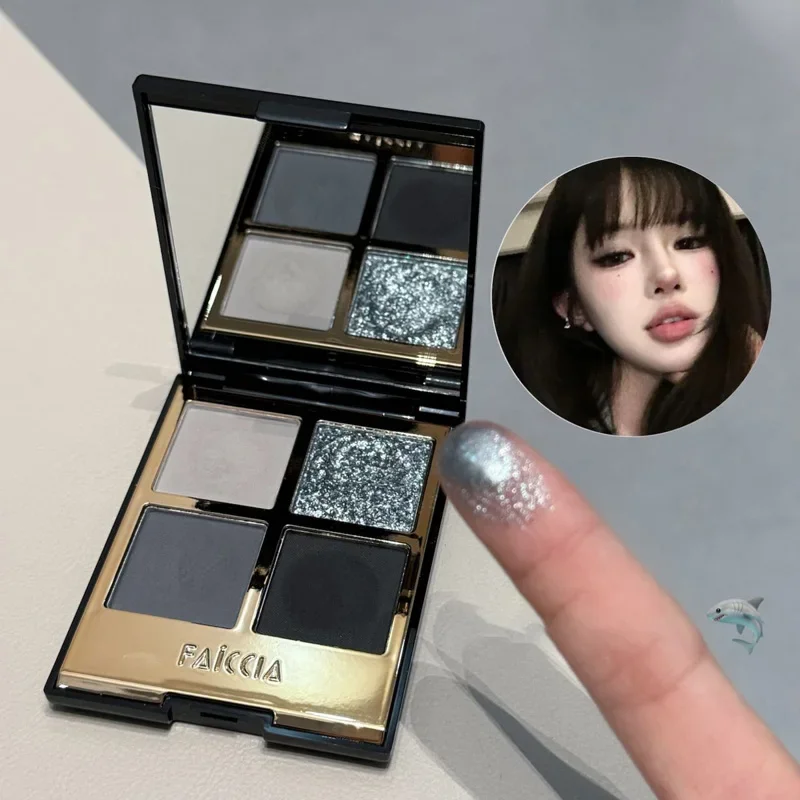 Paleta de sombras brilhantes de 4 cores, sombra preta esfumaçada, pigmento fosco com glitter, longa duração, à prova d'água, paleta de maquiagem para olhos