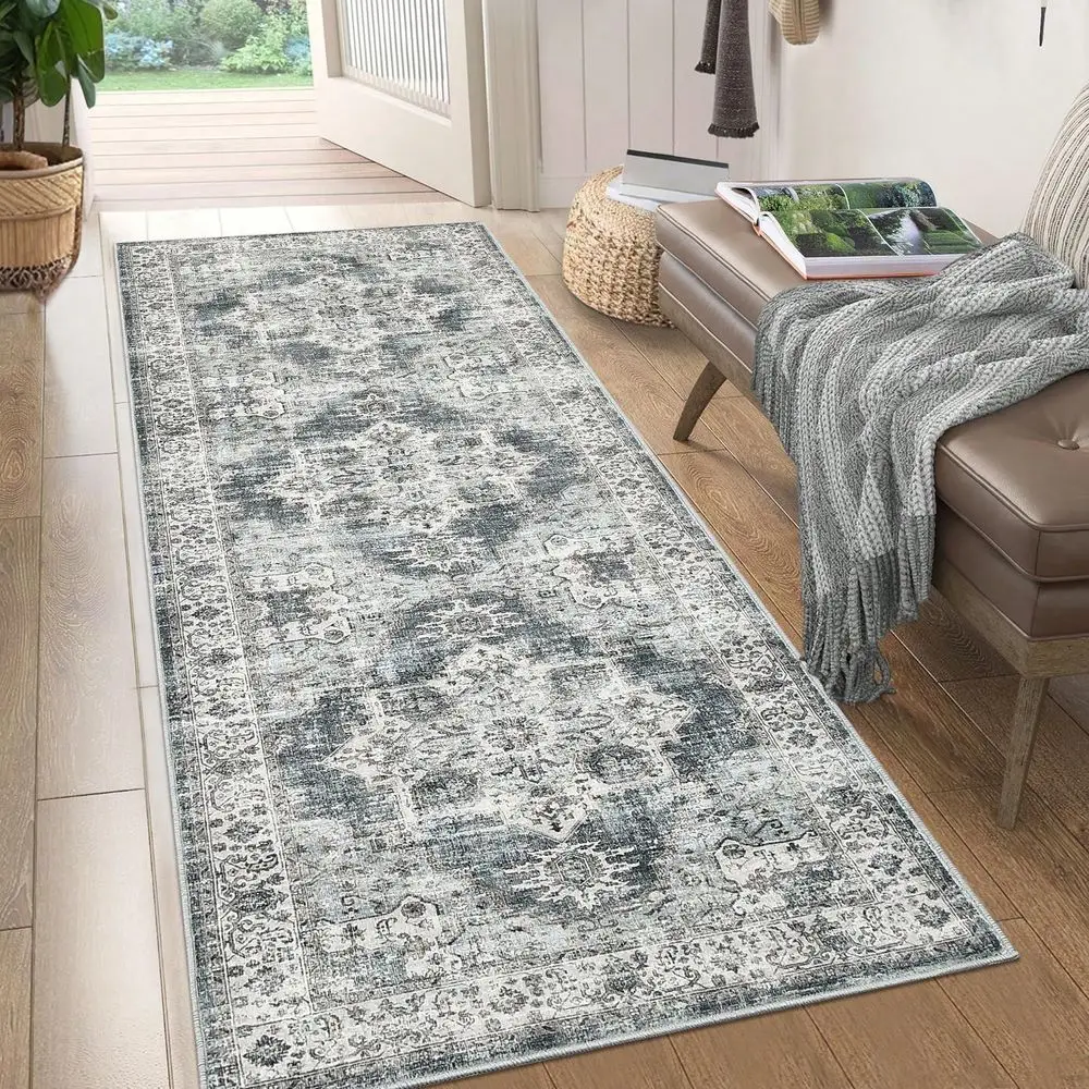 

Vintage Distressed Floral Printed Area Rug Faux Wool Washable Floor Covering With Non Slip Backing Stain Resistance Pet Friendl
