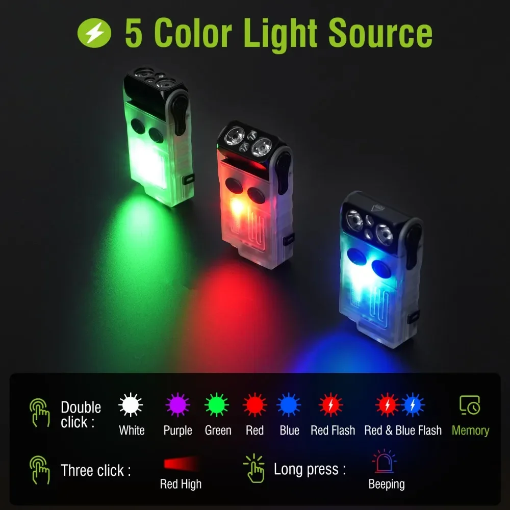 BORUiT V20 Keychain EDC LED Flashlight Head Swivels Type-C Rechargeable Magnet Torch Buzzer Work Light with Clip Magnet Lantern