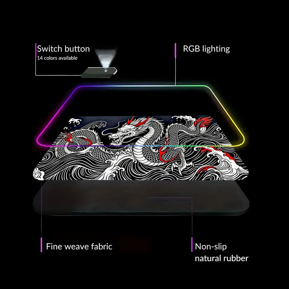 HYBXAXC Red Black Dragon Wave Art Mouse Pad Traditional Anti-Slip RGB Gaming Mouse HD Gamer Large LED Light Computer Non-slip view 5