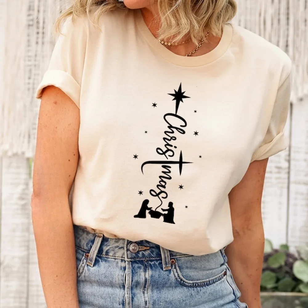 Chemise de noël croisée, scène de la nativité, T-Shirt Joy To The World, cadeaux de noël religieux, hauts graphiques, vêtements pour femmes